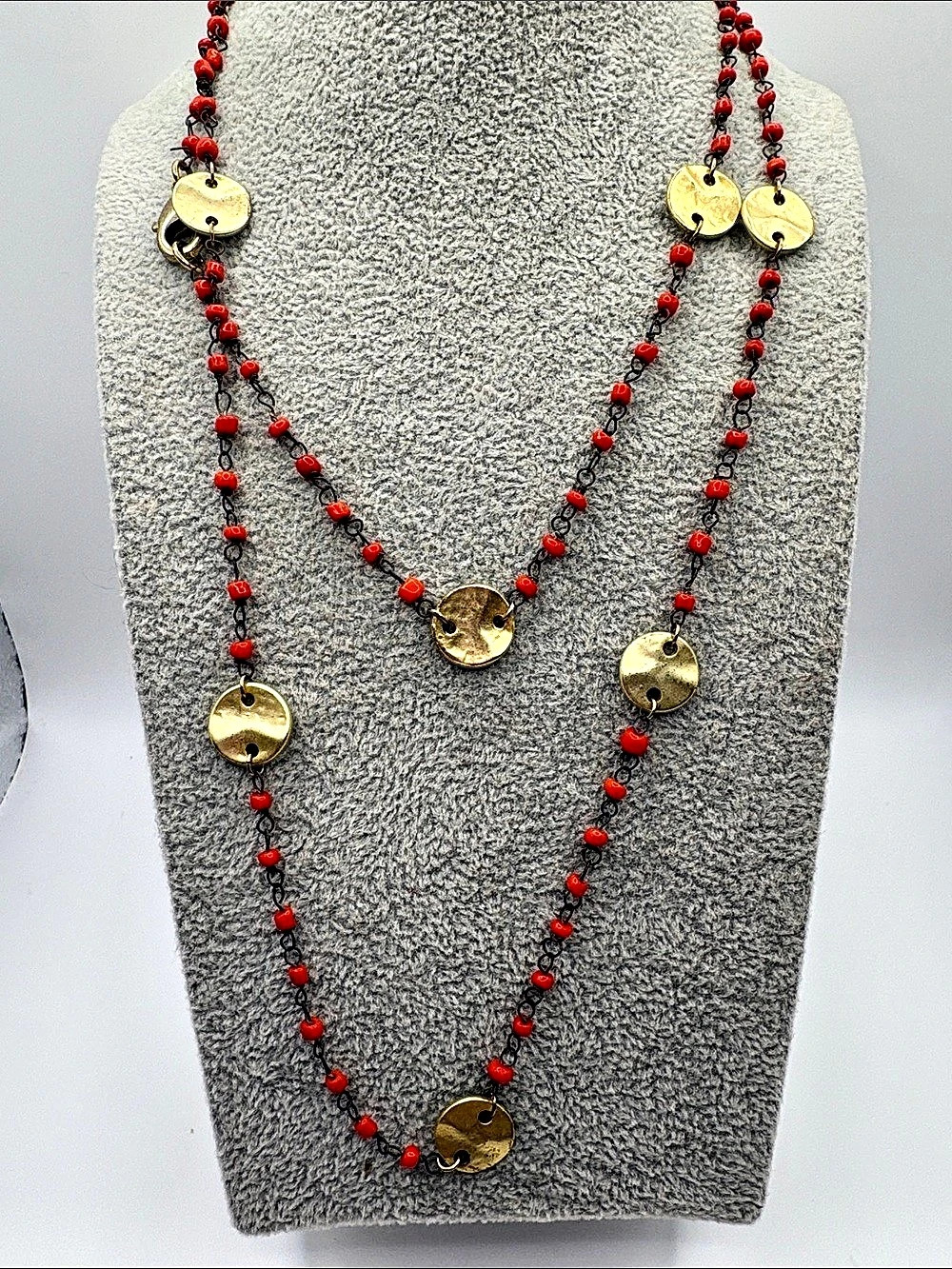 Red Beaded Gold Coin Layered Necklace 36”